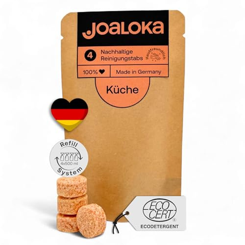 Joaloka Küchenreiniger-Tabs, 4 Tabs für je 500 ml - fettlösend, vegan & mikroplastikfrei, für Kochfelder & Arbeitsflächen, ökologisch & kinderfreundlich im Haushalt, Made in Germany