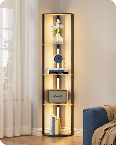 EDISHINE LED Floor Lamps with Glass Shelves, 4 Layers Wood Dimmable | 3-Colour Temperature, Standing Lamp, 360° Rotatable Poles, Corner Floor Lamps for Living Room Bedroom Office, Black