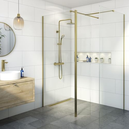 BAYSTONE® 1200 & 700mm Wet Room Shower Screen Panels 8mm Toughened Safety Easy Clean Glass Walk in Shower Enclosure + Hinged Return Panel, Brushed Brass