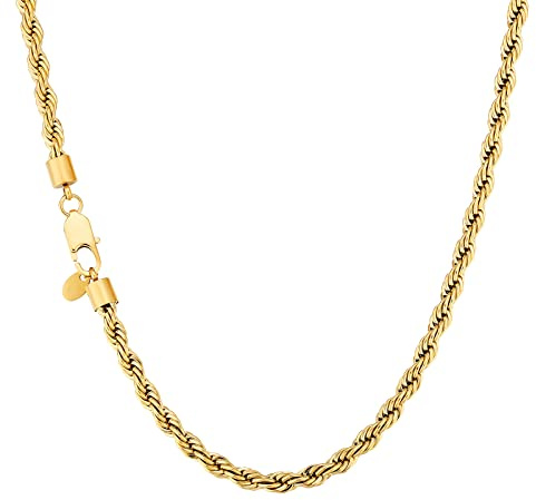 KRKC Herren Halskette, Kordelkette 18K Gold Vergoldet Edelstahl 6mm Rope Chain, Nickelfrei Kette für Männer Herren Länge 55,9cm