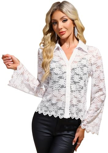 Allegra K Chemisiers en Dentelle Femme Haut Transparent Chemises Boutonnées à Manches Longues Blouse à Bordure Évasée Blanc L