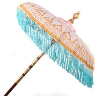 Romimex Parasol décoratif Bali rose 150 x 200 x 150 cm avec franges