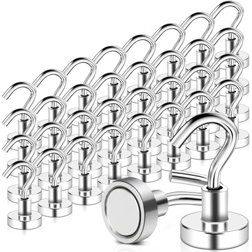 MAGXCENE 32 Pack Magnetic Hooks Heavy Duty, 25 lbs Strong Magnet Hooks for Cruise Refrigerator, Neodymium Magnets with Hooks for Grill Hanging Kitchen Tool Storage