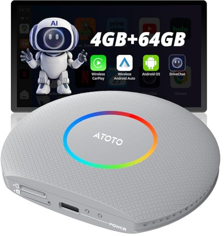 ATOTOZONE CB6 Caja AI Android Inalámbrica, Cableado CarPlay a Inalámbrico Android con Bluetooth, Dongle de Voz AI GPS, 4+64GB, Compatible con Muchas apps (Plata)