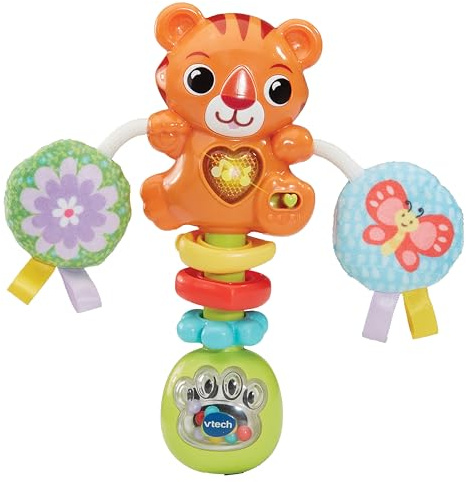VTech-Baby Sonajero musical Baby tigre, Juguete interactivo, Pompones de tela, Papel crujiente, Fomenta la Exploración y el Desarrollo Motor, Regalo bebés +3 meses, Versión ESP