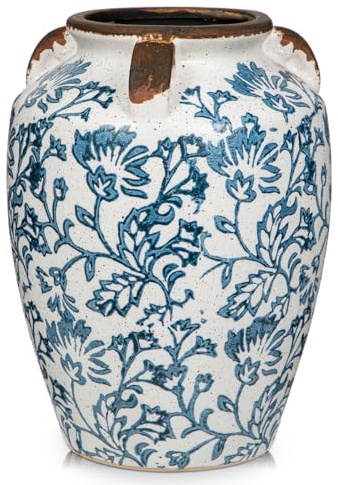 Keramikvase Weiß und Blau mit Griffen Vintage Blumenvasen Deko Vase Tischvase aus Keramik für Deko Wohnzimmer Home Office, Vase für Pampasgras, Rustikales Antikes Dekor, Tischdeko, Trockenblumen