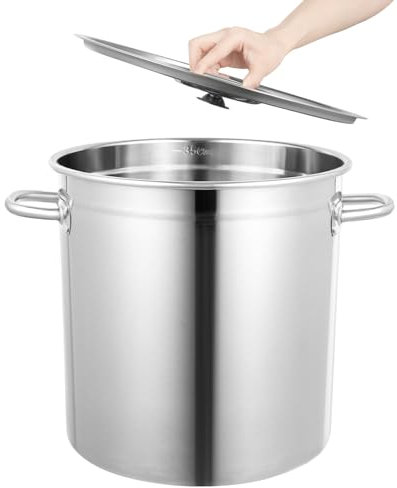 Olla de acero inoxidable de 35 L, olla grande de cocina, olla de sopa cilíndrica con tapa colgante y división de capacidad para almacenar varios alimentos líquidos y sólidos, color plateado
