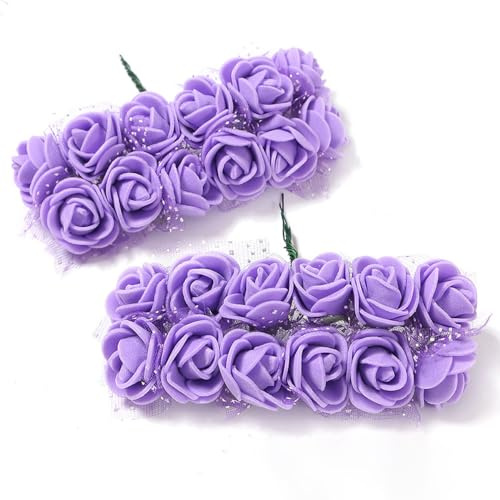 Anevous 24 Stück Künstliche Schaumrosen mit Stiel, 2cm Kunstrosen Blumenköpfe, Deko Blumen Schaum Rosenstrauß, Kunstblumen Rosen Basteln für Basteln Party Hochzeit Brautstrauß,Lila