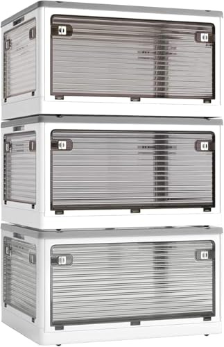 Roqao 3 Pack Aufbewahrungsboxen mit Deckel 50L Kunststoffboxen mit Rollen | Zusammenklappbare Kisten Aufbewahrung Transparent Storage Boxes mit Fünf Türen Stapelkisten Lagerboxen Weiß (48×36×85.5cm)