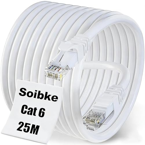 Soibke Cable Ethernet 25 Metros, Cat 6 RJ45 Cable Lan 25m Alta Velocidad 1Gbps Cable de Red Plano Largo, Gigabit Blanco Cable Internet para Router Modem