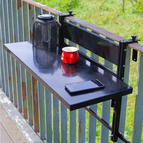 ACRaBoss Balcony Railing Hanging Table, Household Aluminum Folding Bar Desk, 4 Adjustable Height, Multifunctional Hanging Outdoor Tea Table, Wall-Mounted Side Tables/Black/60 * 30Cm
