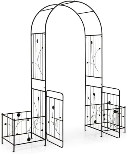 Garden Arch - Metal Pergola with Gate and Planter Boxes, 2.2M Arbor Trellis for Climbing Plants, Support Archway for Lawn, Backyard, Party, Wedding