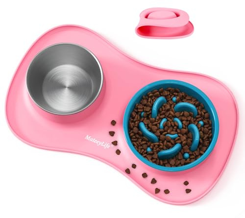 MateeyLife Juego de Boles para Perro 3 en 1, Comedero Antivoracidad Perro y Bebedero de Acero Inoxidable con Alfombrilla Antideslizante de Silicona, Cuencos para Perros de Todas Las Razas 51.5×30.7 cm
