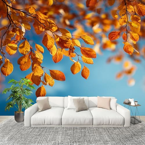 Dormitorio Papel Pintado PatróN de Hojas de OtoñO Pared Panorámico 400x280 cm Cielo Azul Fotomurales No Tejido, Póster Gigante de Pared Personalizado 3D Para Salón Fotomurales