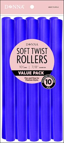 DONNA 10″ Soft Twist Hair Rollers – Flexible Foam Curlers for Heatless Styling, 7/8″ Diameter, Pack of 10 – Ideal for Natural Hair, Curls & Overnight Styles – Purple