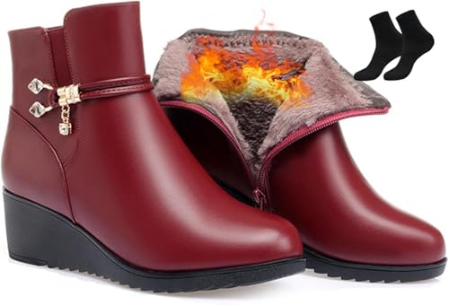 Botines de tacón de cuña negros para mujer, botines de vestir elegantes, plataforma de piel suave, cremallera lateral, con diamantes de imitación brillantes, botas de nieve gruesas, rojo A, 33.5 EU