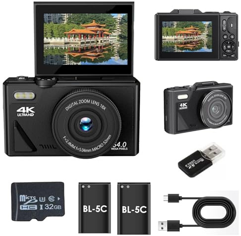 cliktric - Cámara compacta digital de 64 MP 4K con pantalla IPS de 3 pulgadas, zoom de 18x, función antivibración y cámara web para niños y principiantes