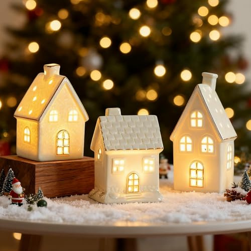 Xevinas Weihnachtsdeko LED Weihnachtshaus, Porzellan Häuser Weiß Mit Goldenen Kanten, Lichterhaus Keramik Weihnachtsdorf Mit Beleuchtung Batteriebetrieben, Diy Winter Deko Adventsdeko Innen (SET)