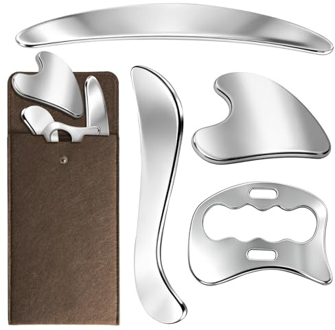 Gua Sha Edelstahl,4 in 1 Muskel Faszien Schaber mit Filz-Aufbewahrungstasche,Lymphdrainage Massagegerät,Deep Tissue Gua Sha für Beine,Rücken,Gesicht,Nacken