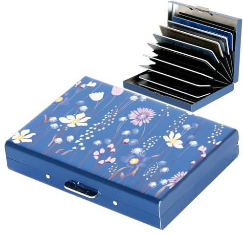 BONSYL® Tarjetero de Tarjeta de Crédito para Hombre y Mujer, Billetera de Metal Delgado con Protección RFID, con 10 Compartimentos, contra Robos Electrónicos. (10 Tarjetas/Azul/Flor)