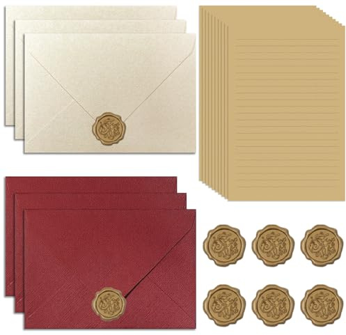 XETHI Brevpapper och Kuvert Set | 6 Vintagekuvert med Trädtextur (Röd/Elfenben) | 6 Lacksigill och 10 Linjerat A5 Kraftpapper | Skrivset för Brev och Kort