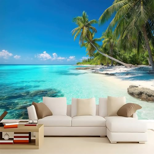 Carta da Parati Fotomurale XXL 250 x 175 cm, Blu Poster Murale 3D in Tessuto Non Tessuto per Parete TV Corridoio e Soggiorno, Decorazione Interni di Grande Impatto Natura Cielo Azzurro Spiaggia Palme