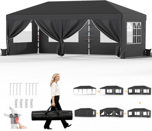 JUMMICO Pavillon 3x6 Wasserdicht Stabil Winterfest Höhe Verstellbar,Faltpavillon mit 6 Seitenwänden,Pavillion UV Schutz 50+,Gartenpavillon Faltzelt für Garten, Innenhof, Camping,Gazebo Grau