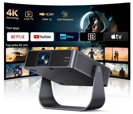 Proiettore Portatile【Smart TV & 1000+ Canali Live】Mini Proiettore 4K Smart TV Compatibile con Netflix, Rotazione 330°, Auto Focus WiFi Bluetooth, 1080P Nativo, Videoproiettore soffitto casa/campeggio