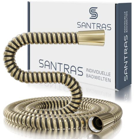 SANTRAS® Duschschlauch 1,5m aus Kunststoff in Edelmessing (Goldton) inkl. Dichtungen - Brauseschlauch mit Verdrehschutz & Knickschutz - Standard Anschluss & Trinkwassergeprüft für Dusche und Badewanne