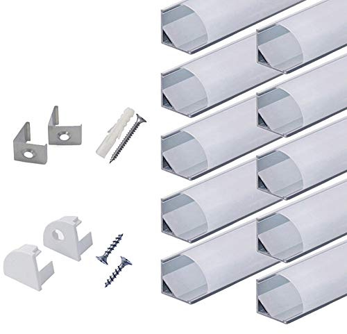 hunhun 10-Pack 6.6ft/ 2Meter V Shape LED Aluminum Channel System with Milky Cover, End Caps and Mounting Clips, Aluminum Profile for LED Strip Light Installations, Very Easy Installation