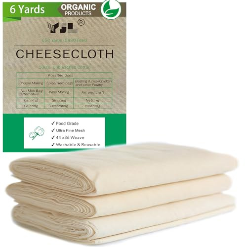 YJL Cheesecloth for Straining, 54 Sq Feet, 100% Organic Cotton Unbleached Cheese cloth, Ultra Fine Reusable Cheese cloths | 6 Yards Straining Cloth for Cooking | Straining | Canning | Steaming