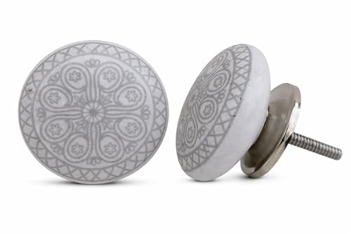 Grey Mandala Ceramic Cabinet Knobs – Decorative Drawer Pulls for Kitchen Cabinets, Dresser, Wardrobe & Cupboard – Round Vintage Furniture Knobs with Metal Screw, Modern Home Hardware (Pack of 12)