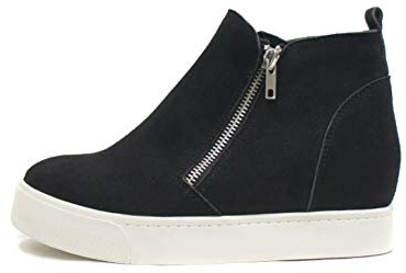 Soda Taylor Hidden Wedge Sole Booties Ankle Heels Sneaker Shoes Side Zipper (Black, 10)