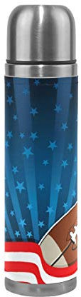 BKEOY Mug de voyage isotherme en acier inoxydable à double paroi anti-fuite Motif football américain Imprimé personnalisé en cuir véritable 500 ml