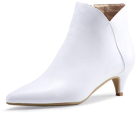 IDIFU Women's Kira Dress V-Cut Low Heel Pointed Toe Ankle Bootie Side Zipper Classic Short Boots(White Pu, 7.5 M US)