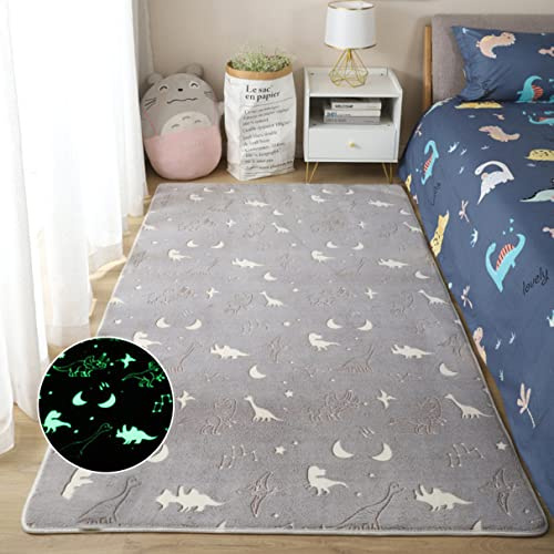 Leuchtend Kinderteppich Wohnzimmer Dekorative rutschfest Spielmatte Schlafzimmer Zuhause Kindergarten Kinderzimmer Teppiche, 3D Mond,Universum,Stern,Dinosaurier Motiv (Dinosaurier,100×200 cm)