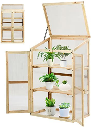 RELAX4LIFE Mini Serra da Giardino in Legno di Abete, Serra da Balcone Invernale, Serra Piccola per Interno ed Esterno, 20KG Ogni Ripiani (100 x 60 x 45 cm)