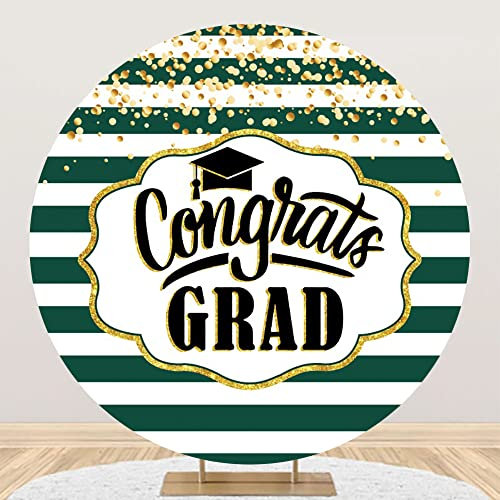 Aoihrraan 220cm Diameter Congrats Grad Round Backdrop for Photography Class of 2024 Congratulate Graduation Prom Party Black Golden Bachelor Cap Green White Stripes Background Photo Props