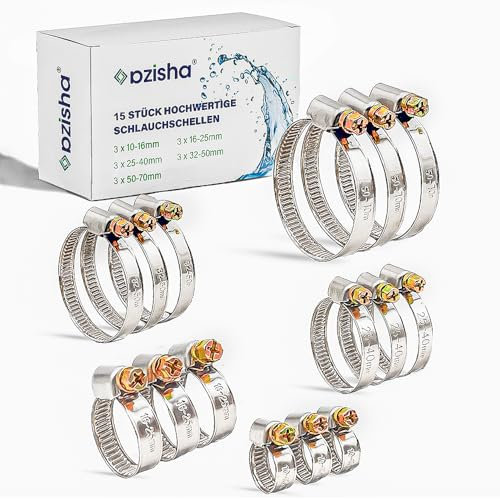 AZISHA Collier De Serrage Inox 10-70mm - 15 Pièces Collier De Serrage En Acier Inoxydable -Réglable Colliers Serrage Metallique -Collier Tuyau -Colliers De Serrage À Vis Pour Piscine,Jardin,Home Gaz