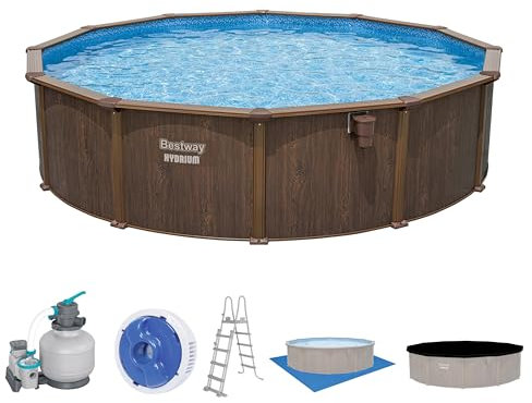 Bestway Hydrium Stahlwandpool Komplett-Set mit Sandfilteranlage Ø 550 x 130 cm, Holz-Optik (Palisander), rund