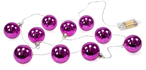 LED Lichterkette mit 10 beleuchteten Weihnachtskugeln aus Glas mit Muster, Gesamtlänge ca. 180 cm, batteriebetriebene Girlande mit Timer (pink)