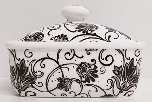 Beurrier parisien noir en porcelaine anglaise avec couvercle Motif floral rose décoré à la main au Royaume-Uni
