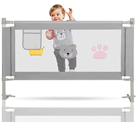 Vigevee Kinder bettgitter, Bettschutzgitter Höhenverstellbar, Rausfallschutz Bett für Kinder, Kinderbettgitter mit luftiges Netz, für Familienbett und Kinderbett, Grau, 200 x 70cm-1 Pack