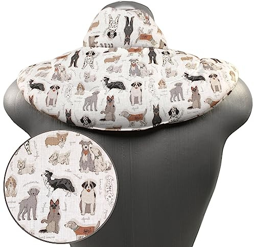 Coussin de nuque bio avec col montant - Tissu bio chiens vintage - Coussin aux grains d´épeautre bio - Confortable coussin thermique 2 en 1 pour la nuque Chaud/Froid