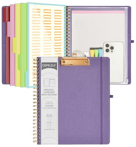 Ospelelf Foldable Spiral Clipboard Folio with Storage Zipper Pouch, 5 Plastic Folders with 10 Pockets,Refillable Lined Notepad (11 x 8.5), Hardcover Project Organizer with 39 Stickers (Purple)