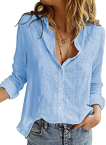 Livonmone Women's Blouses Shirts Casual Long Sleeve V Neck Button Down Basic Loose Tunic Tops Solid Sky Blue M