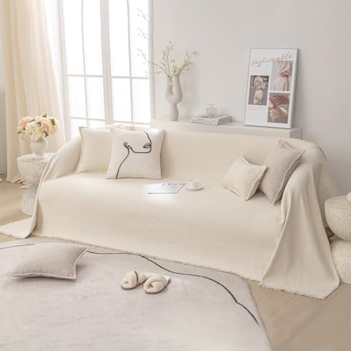 VanderHOME Verdickter Sofabezug, 1/2/3/4 Sitzer Gemischter Hanf Sofa Überzug, L-Shape Sofabezug, Rutschfester Couch Bezug, Geeignet Für Haustiere Und Kinder 180 * 400cm-Beige