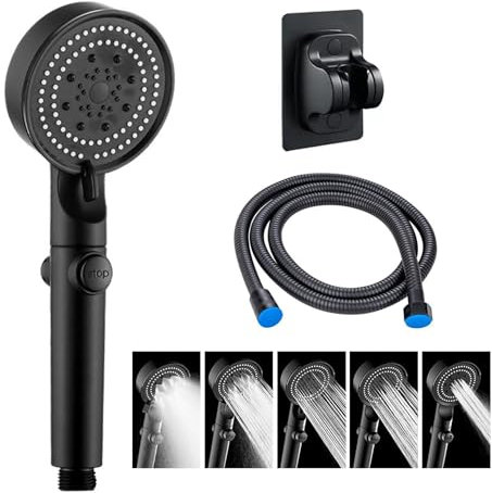 JurciCat Soffione Doccia Doccetta Per Doccia Con Tubo Flessibile Doccia Da 1,5 M 6 Modalità Di Getto Con Soffione Doccia Alta Pressione Di Pressione Staffa Senza Foratura (Nero)