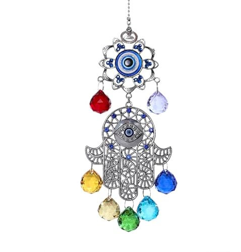 HDCRYSTALGIFTS Chakra Energy Crystal Ball Suncatcher Window Hanging, Hamsa Hand with Blue Evil Eye Protection Hanging Crystal Sun Catcher For Home Garden Decor