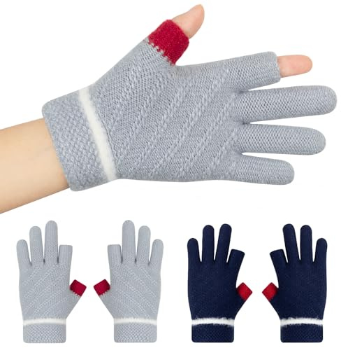 Kiiwah 2 Paar Fingerhandschuhe Kinder 5-12 Jahren, Winter Strickhandschuhe Fingerlose Handschuhe für Mädchen Jungen, Warme Kinderhandschuhe Ohne Finger (Dunkelblau, Grau)